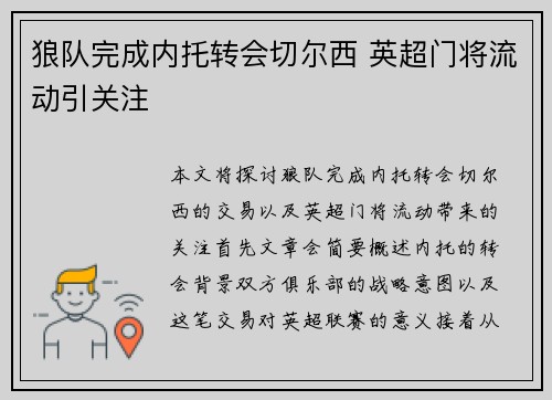 狼队完成内托转会切尔西 英超门将流动引关注